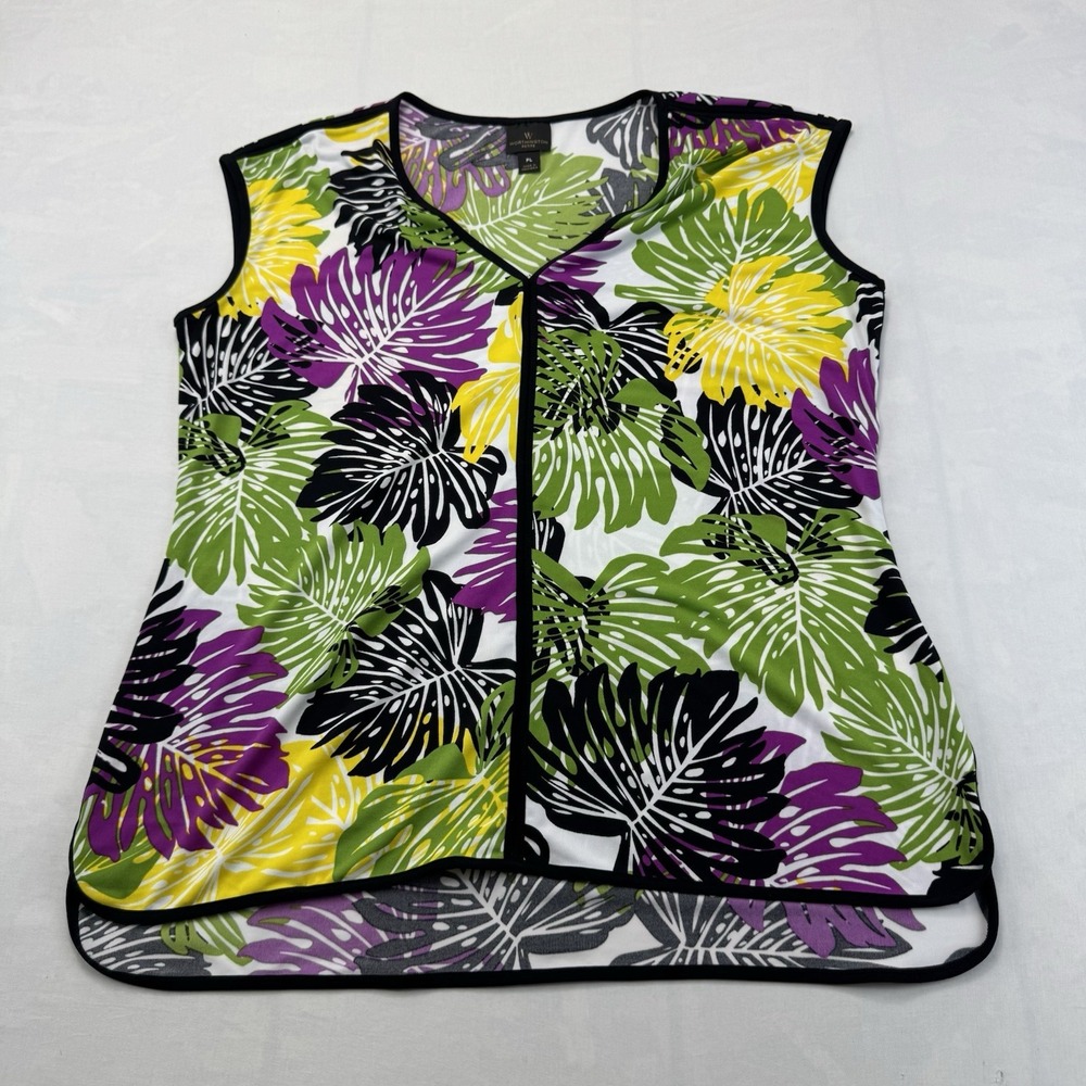 Worthington Petite Women's PL Tropical Floral Sleeveless V Neck Blouse Top